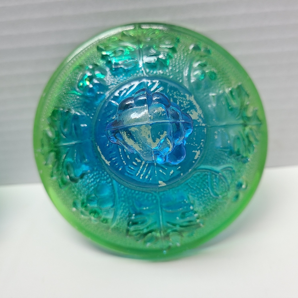 Vintage Jeanette blue/green footed grape leaf glass candy dish w/ lid Capote - Picture 10 of 16
